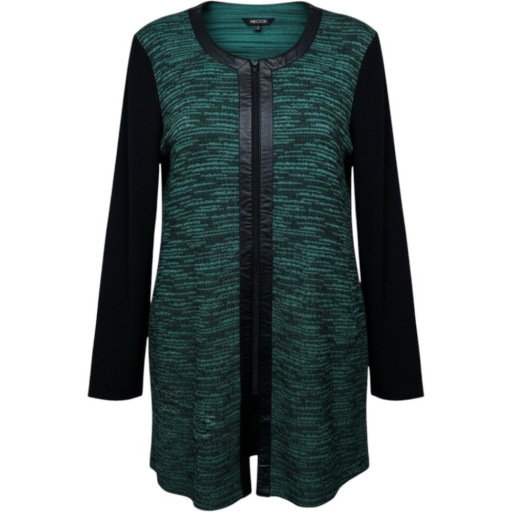 Misook Cardigan Knit Jacket Womens Medium Green Black Trim Full Zip Sweater